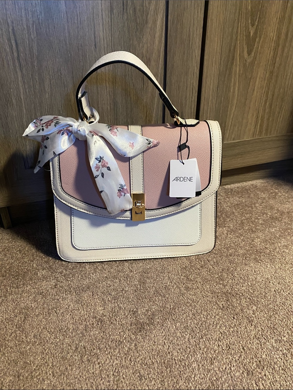 Ardene Pink and Cream Structured Top-Handle Satchel with Scarf